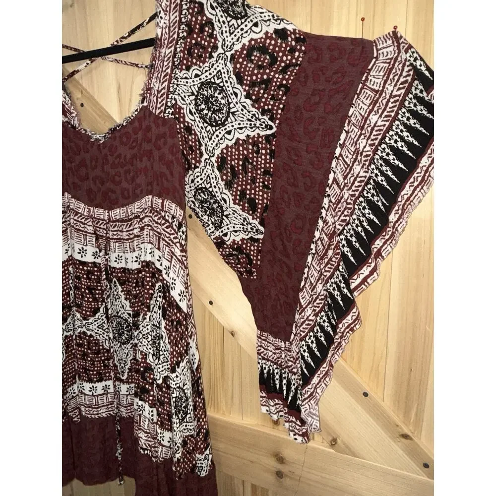Free People Heart of Gold Red Black Bohemian Peasant Flare Sleeve Dress Sz S
